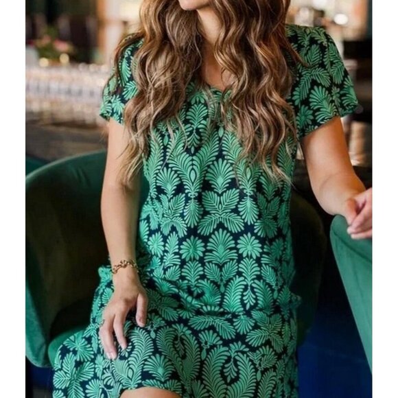 cAbi Palmette Tropical Print Mini Dress Navy/Green Size Small - Picture 4 of 13